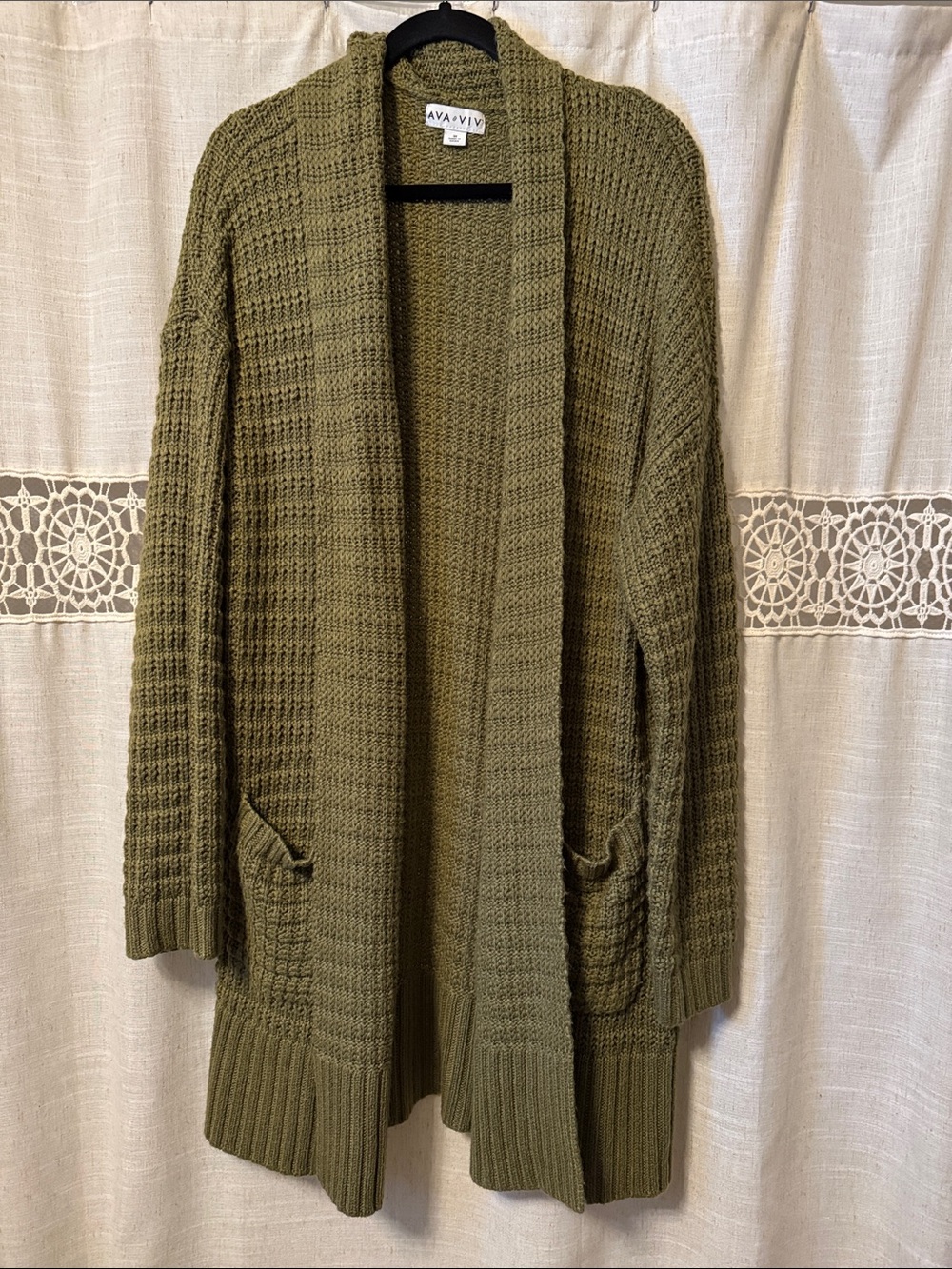 Ava & Viv Olive Waffle-Knit Open-Front Cardigan Sweater